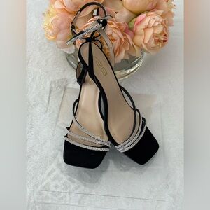 Elegant Black Strappy Heels with Rhinestone Accents